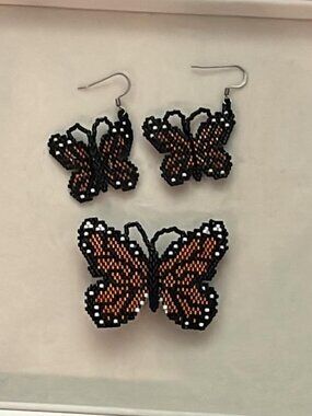 Copper Tone and Black Bead Butterfly Barrette and Earrings